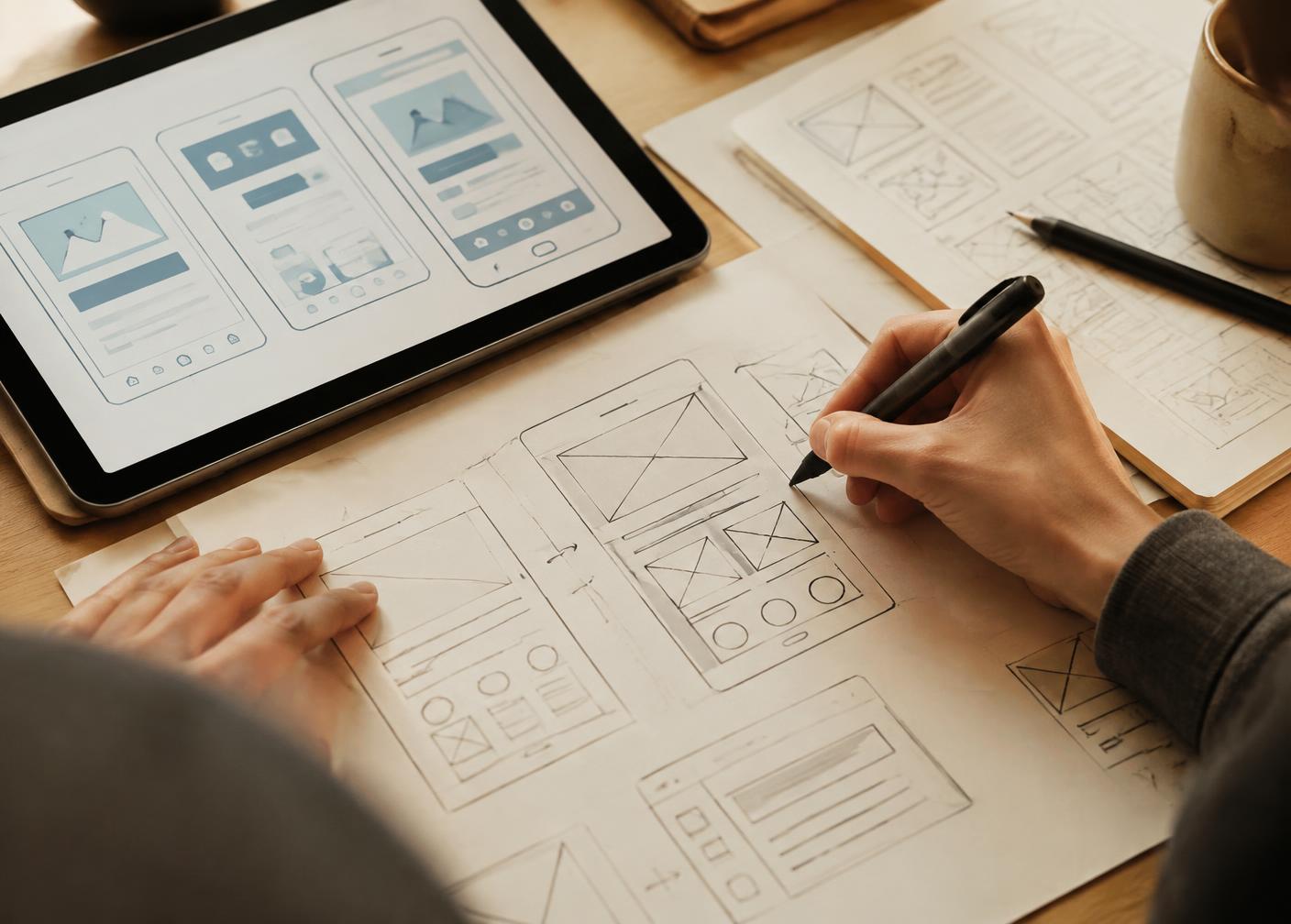 Hand-drawn wireframes next to a tablet with app screens
