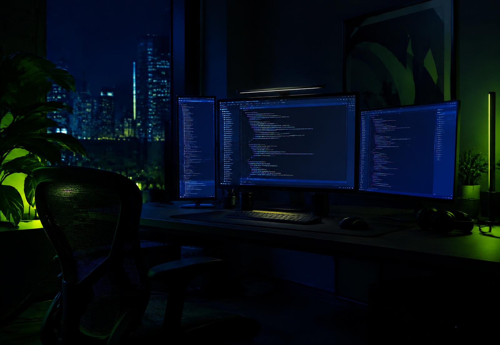 Developer workstation with code on multiple monitors